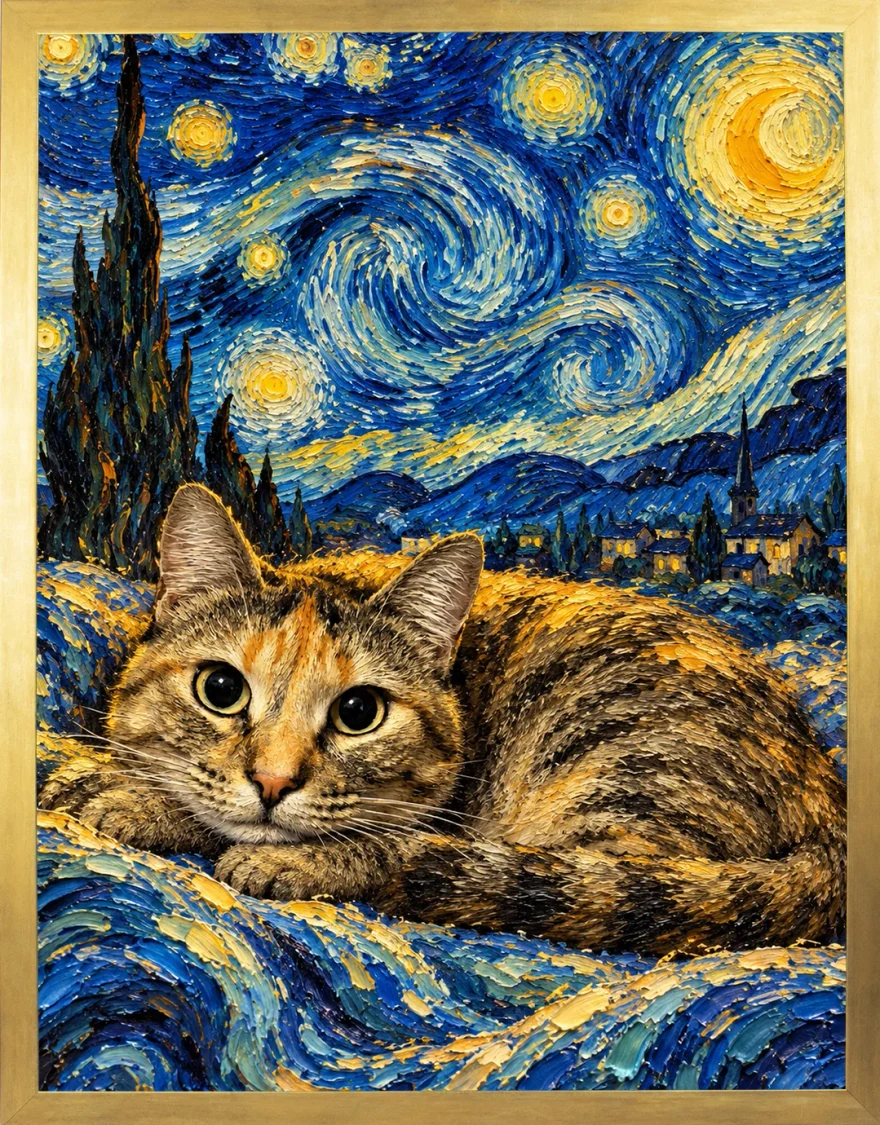 Portrait Nuit étoilée encadré — chat