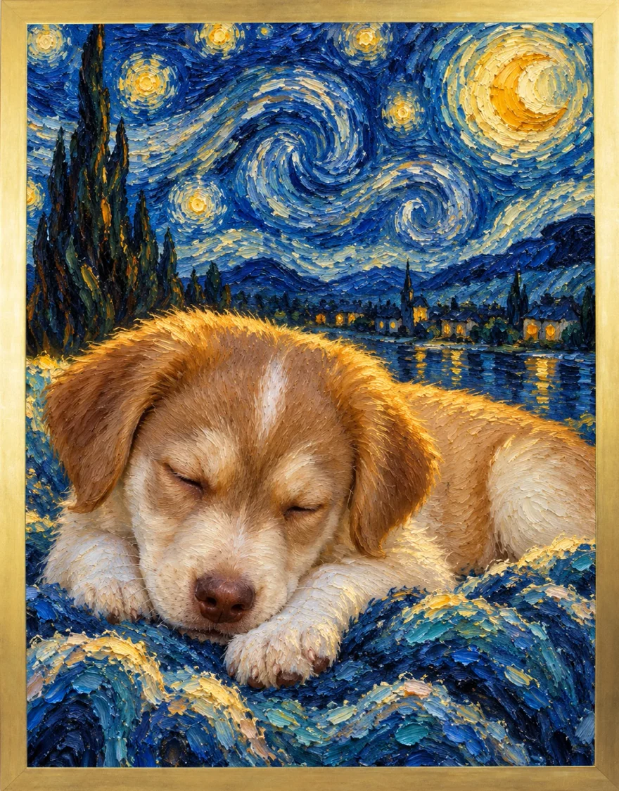 Portrait Nuit étoilée encadré — chien
