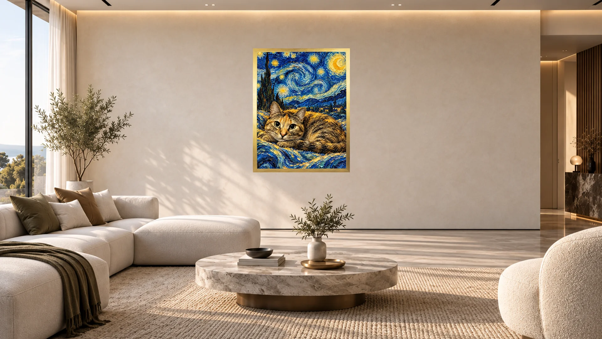 Portrait Nuit étoilée de chat dans un salon — mise en scène illustrative