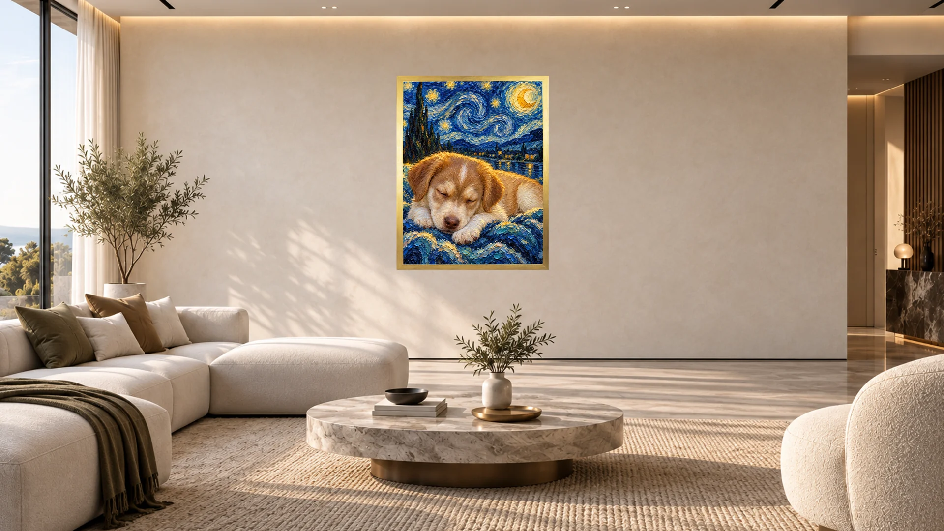 Portrait Nuit étoilée de chien dans un salon — mise en scène illustrative