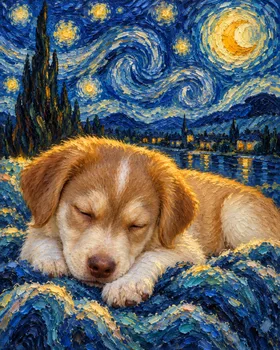 Portrait de chien, style Nuit étoilée